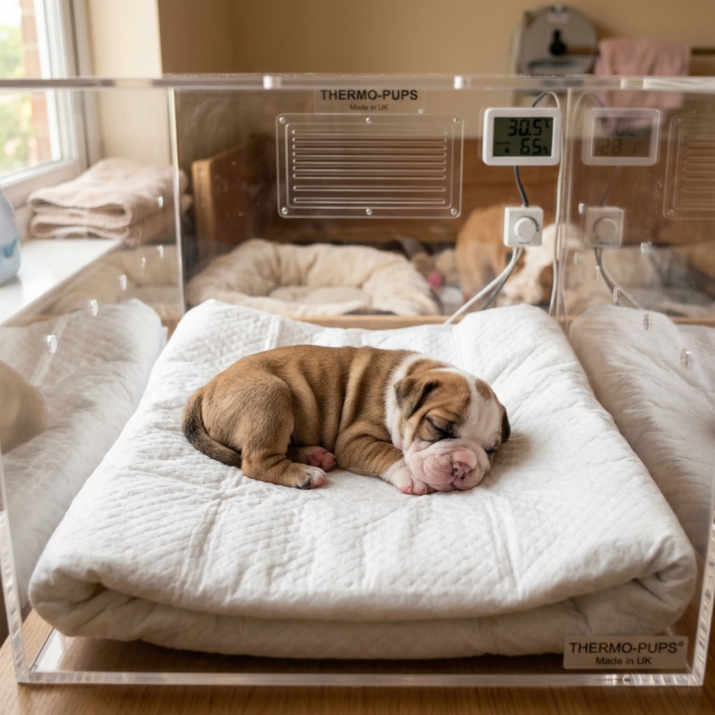 Sleeping newborn English Bulldog inside an incubator